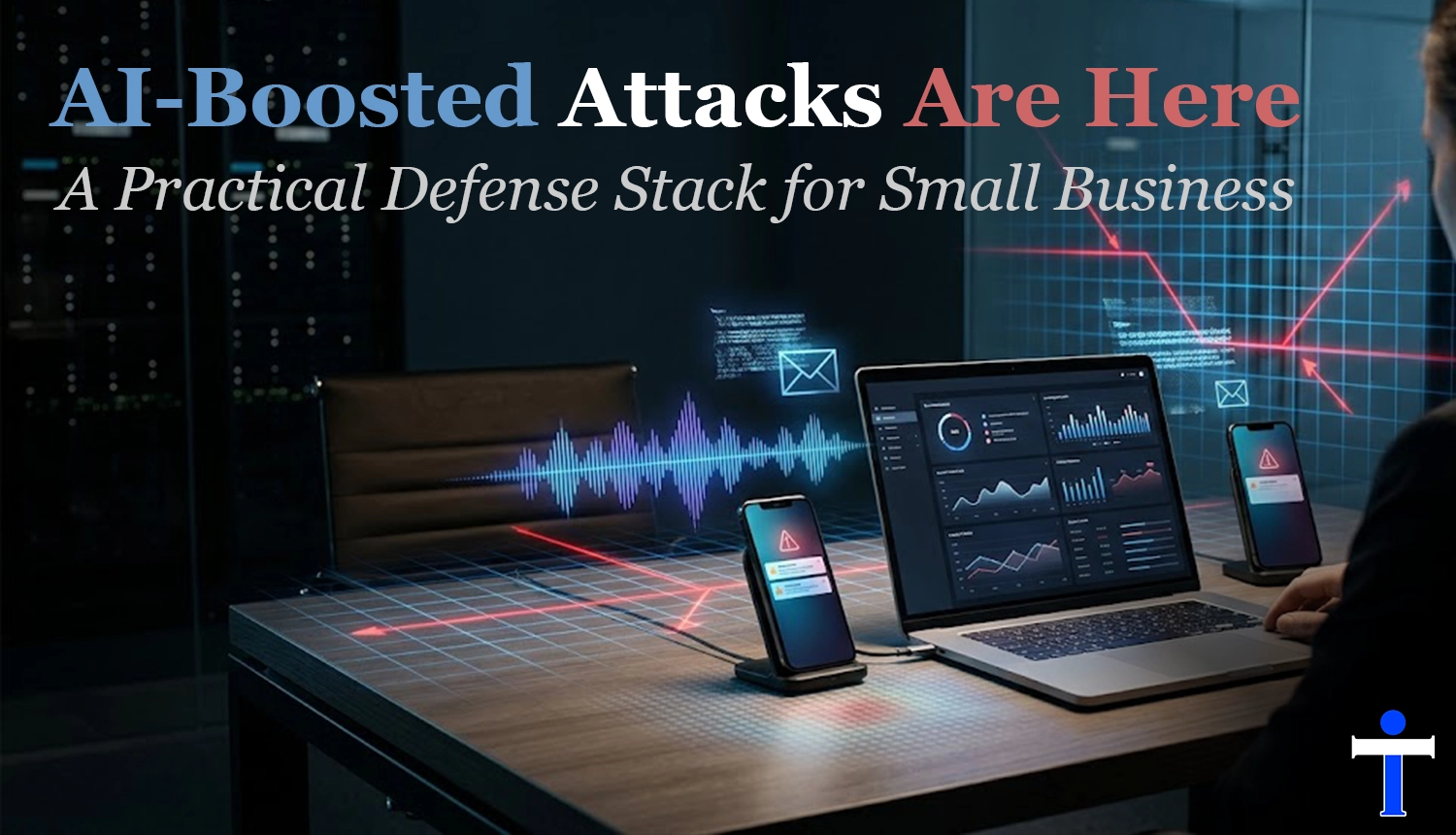 Layered cybersecurity defenses protecting a small business from AI-driven threats