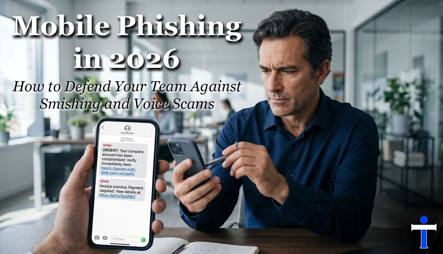 Business professional reviewing suspicious text messages on a smartphone